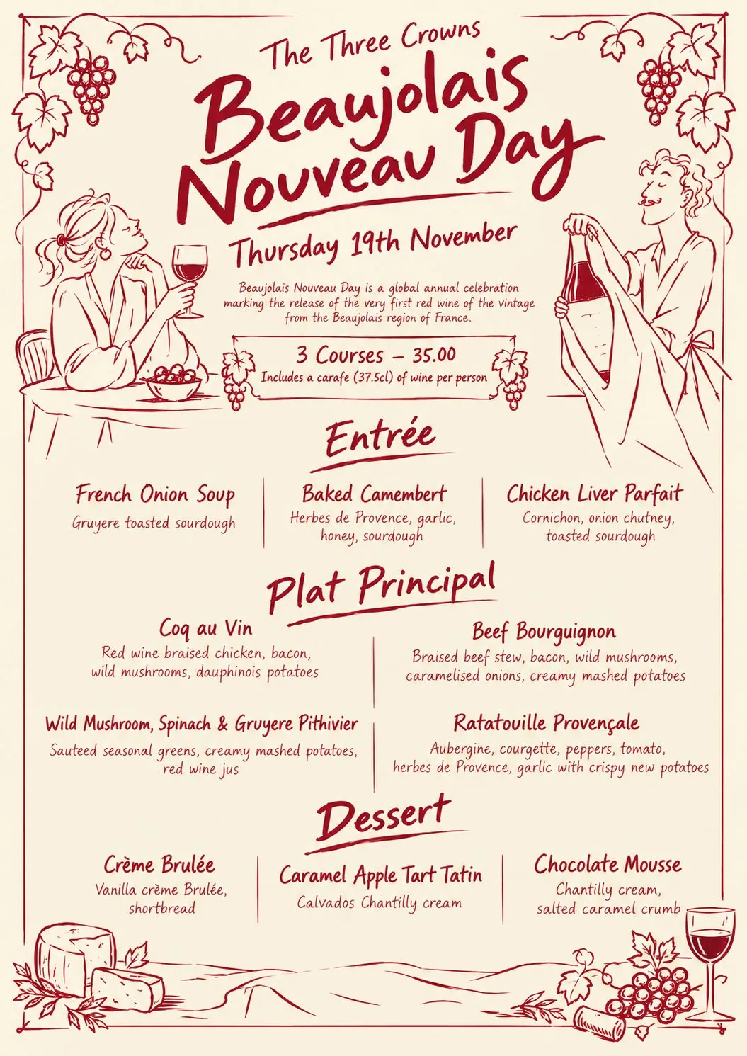 Beaujolais Nouveau Day menu, Thursday 19th November